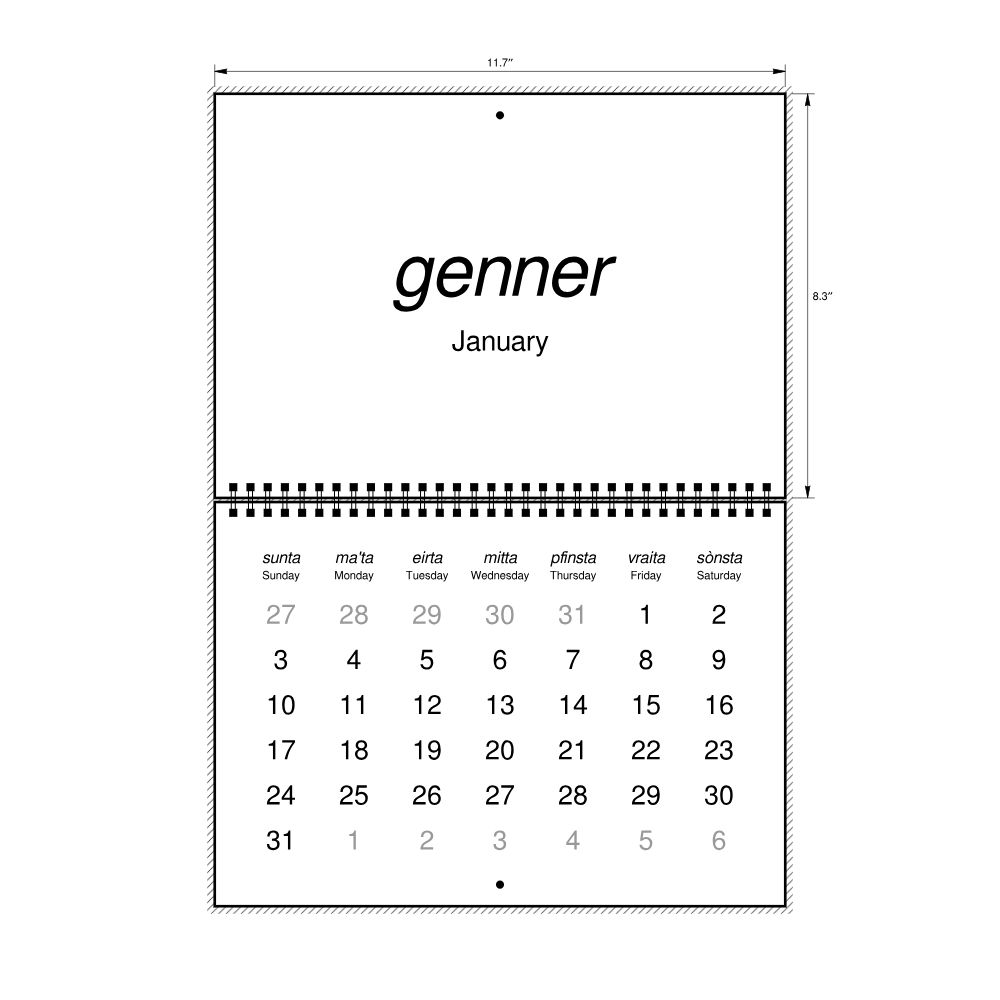 Leskoff 2027 Wall Calendar, Mòcheno/English-Labeled, Sunday-Start Layout, Wire-Bound, 11.7 x 8.3 in (29.7 x 21.0 cm), image 2 of 2