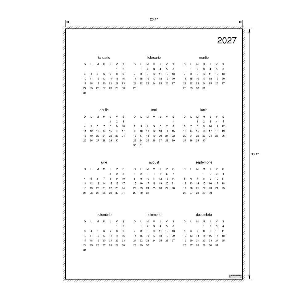 Leskoff 2027 Wall Calendar, Romanian-Labeled, Sunday-Start Layout, Poster / Wall Print, 23.4 x 33.1 in (59.4 x 84.1 cm), image 2 of 2