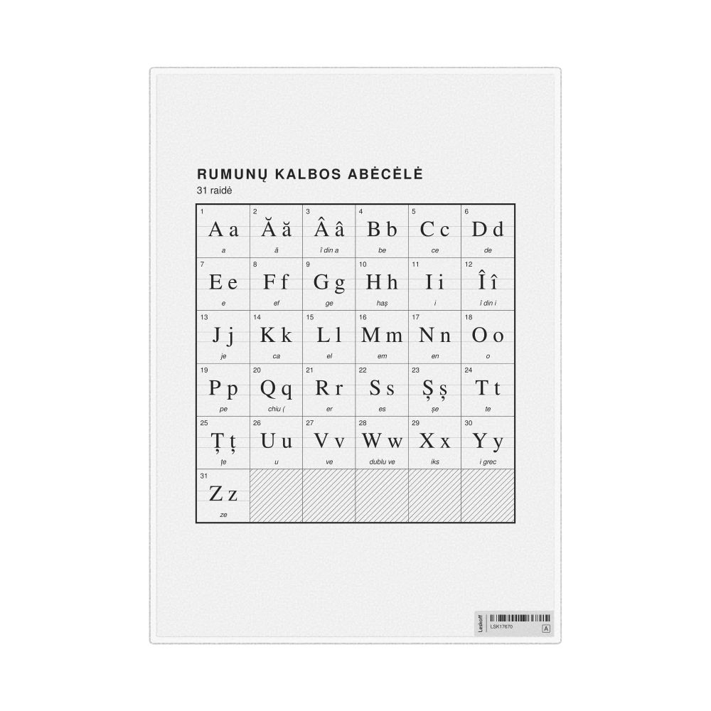 Leskoff Romanian Alphabet Chart, 8.3 x 11.7 in (21.0 x 29.7 cm, Desk Chart, Laminated), Lithuanian-Labeled, image 1 of 2