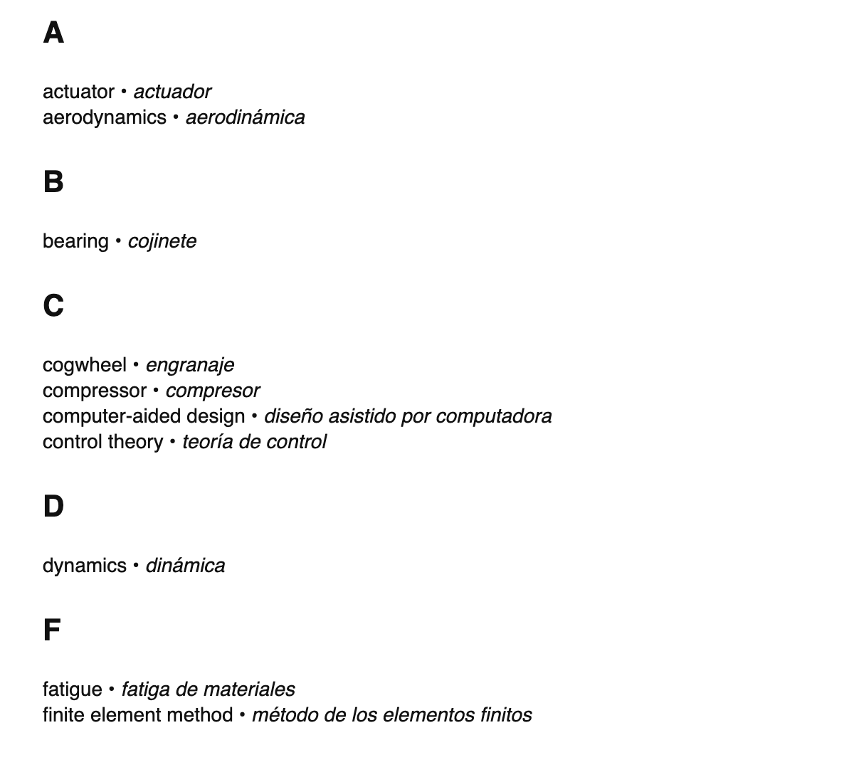 Mechanical engineering terms in Spanish