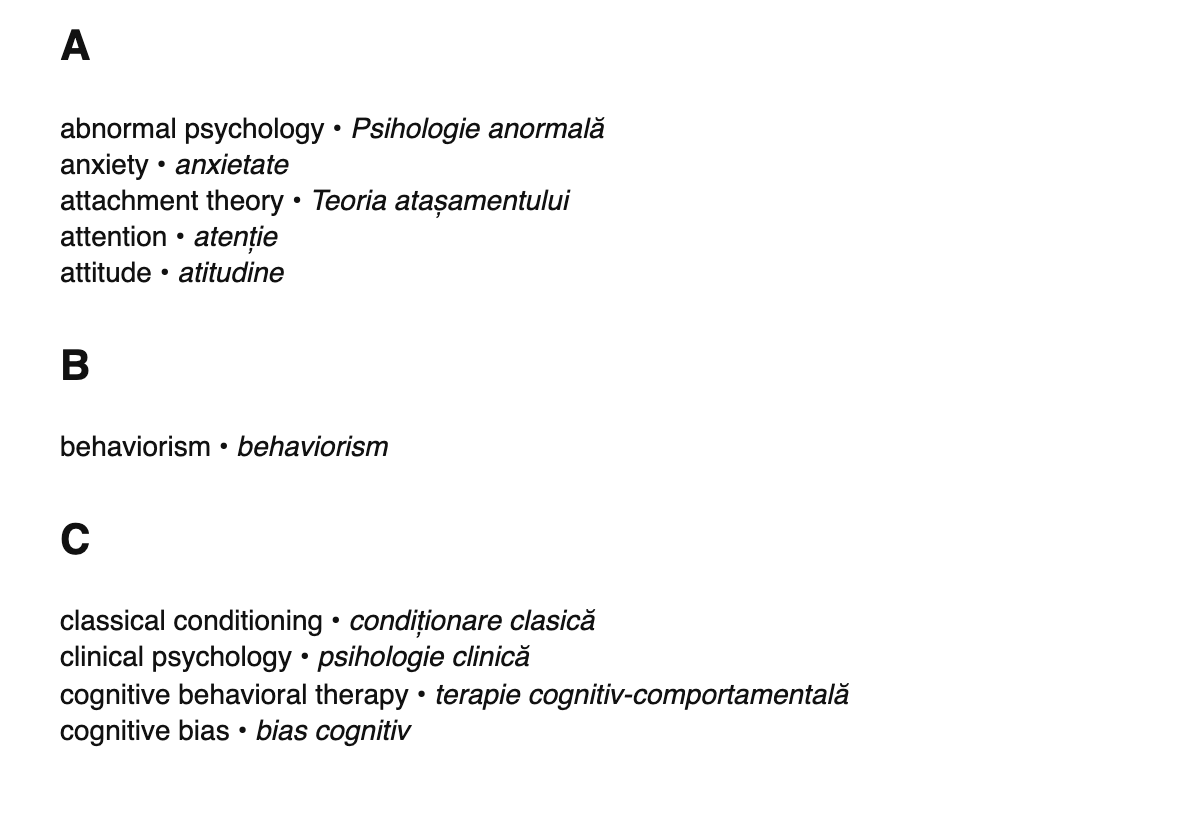 Psychology terms in Romanian
