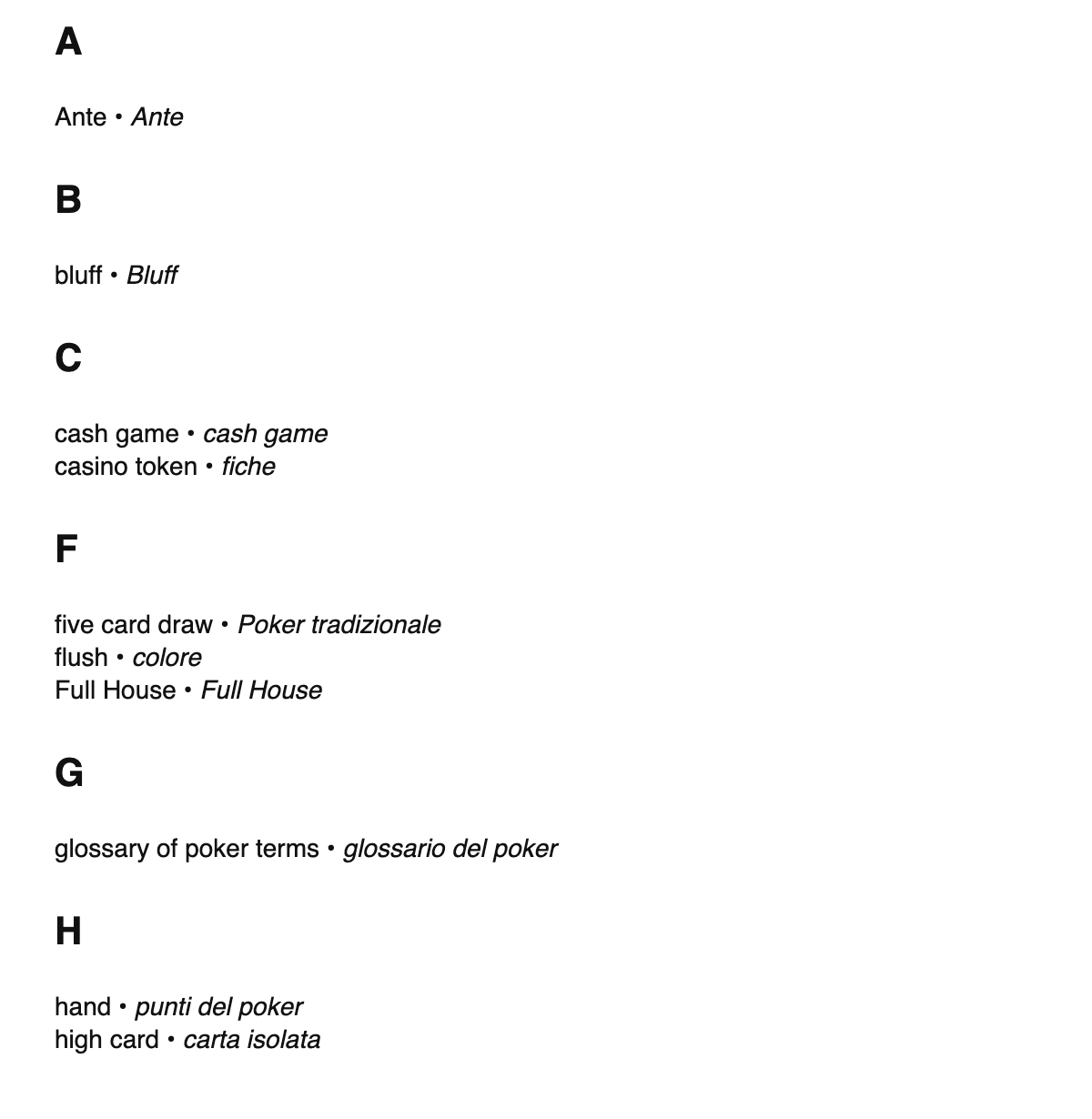 Poker terms in Italian