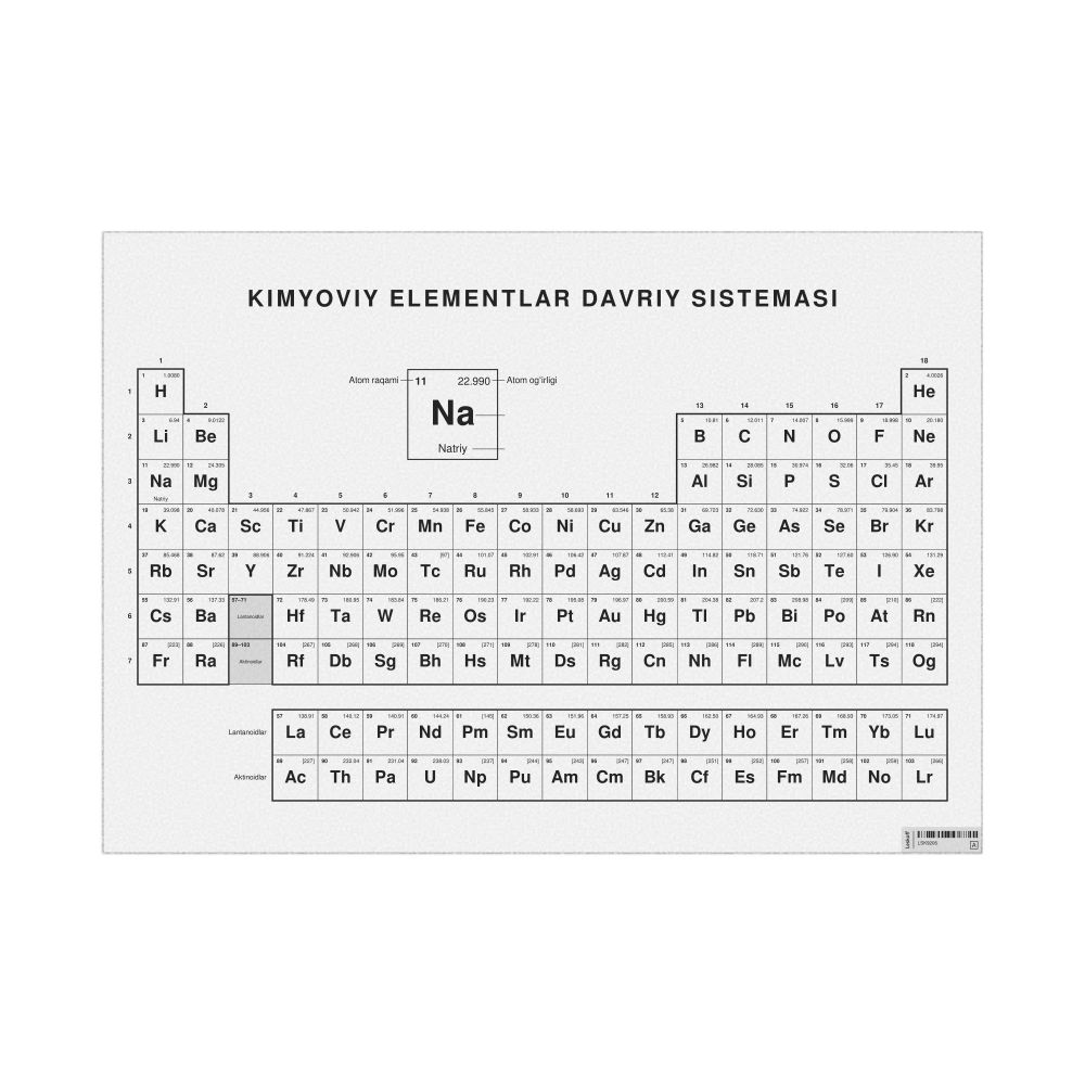 Leskoff Periodic Table Chart, 33.1 x 23.4 in (84.1 x 59.4 cm, Poster / Wall Chart), 18-Column Layout, Uzbek-Labeled, image 1 of 2