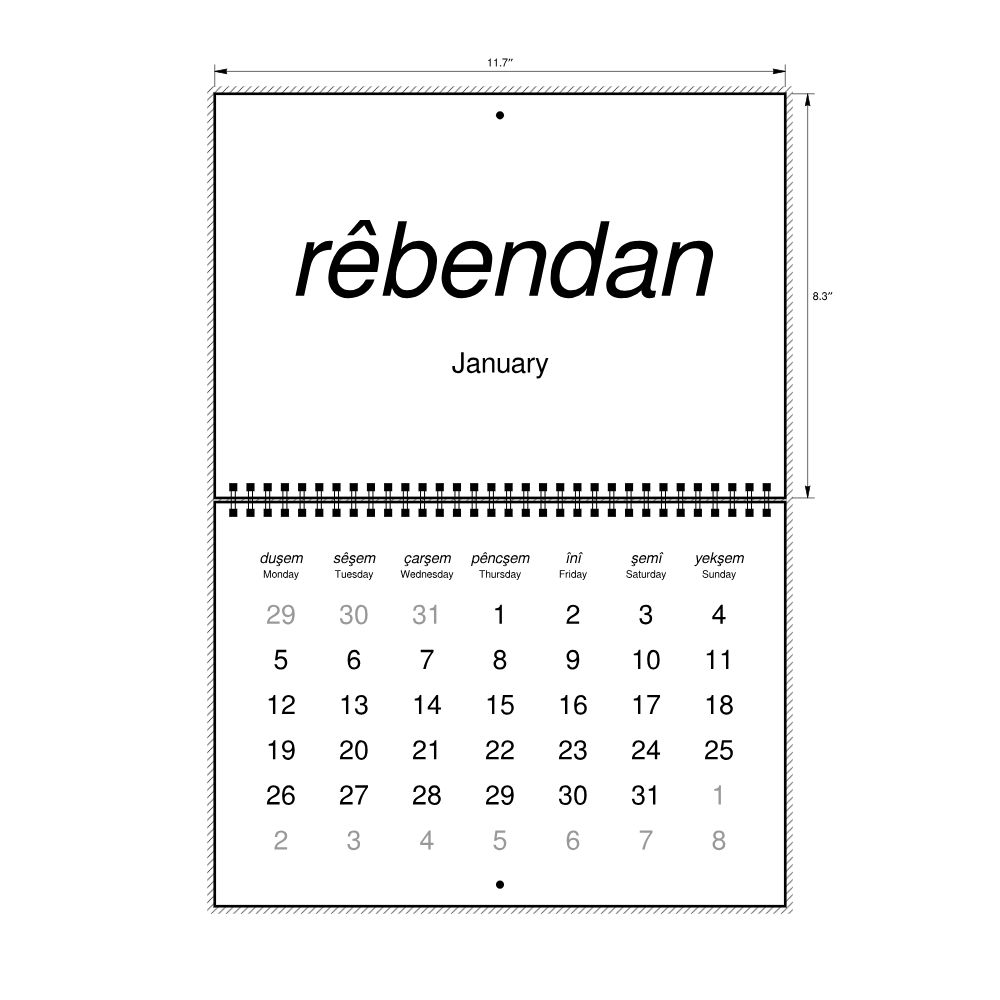 Leskoff 2026 Wall Calendar, Kurdish/English-Labeled, Monday-Start Layout, Wire-Bound, 11.7 x 8.3 in (29.7 x 21.0 cm), image 2 of 2