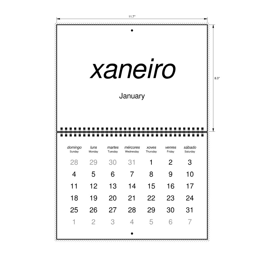 Leskoff 2026 Wall Calendar, Galician/English-Labeled, Sunday-Start Layout, Wire-Bound, 11.7 x 8.3 in (29.7 x 21.0 cm), image 2 of 2