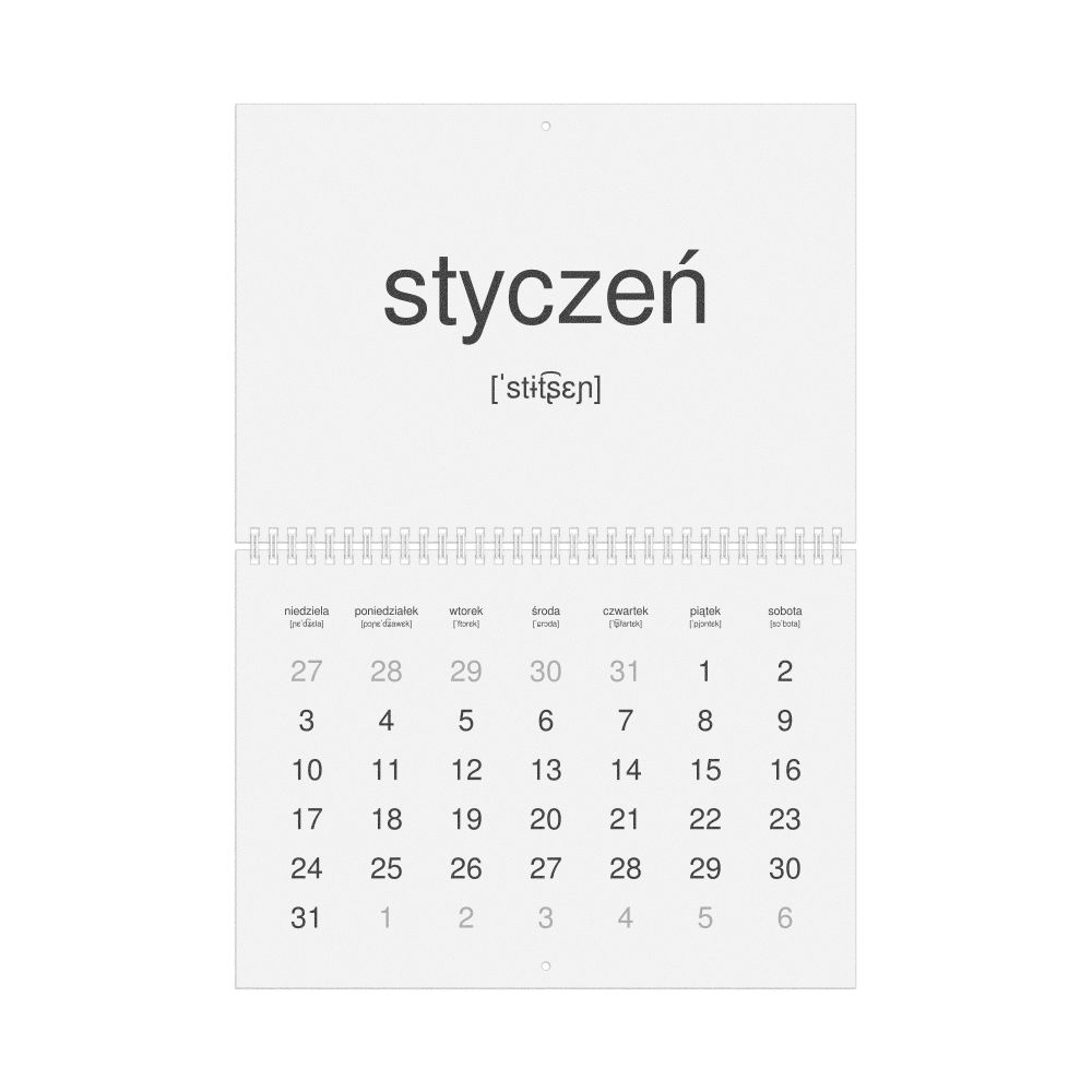 Leskoff 2027 Phonetic Wall Calendar, Polish-Labeled with IPA, Sunday-Start Layout, Wire-Bound, 11.7 x 8.3 in (29.7 x 21.0 cm), image 1 of 1