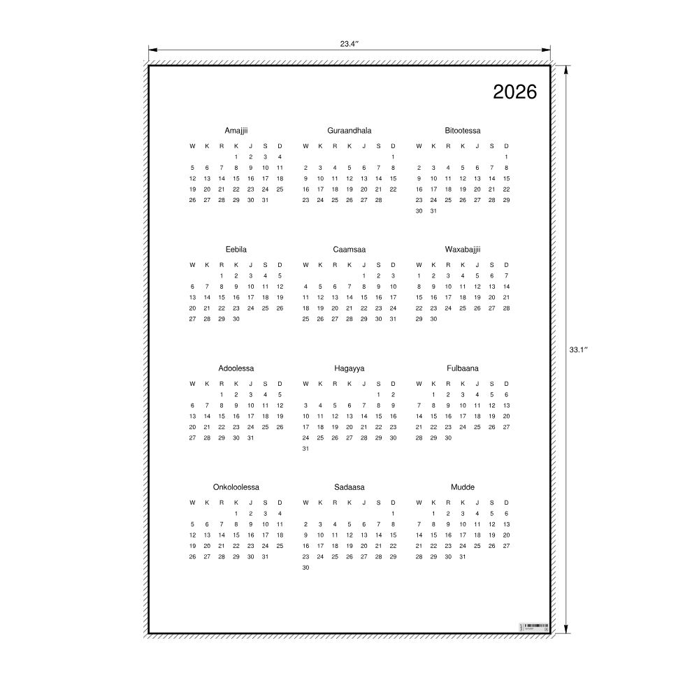Leskoff 2026 Wall Calendar, Oromo-Labeled, Monday-Start Layout, Poster / Wall Print, 23.4 x 33.1 in (59.4 x 84.1 cm), image 2 of 2