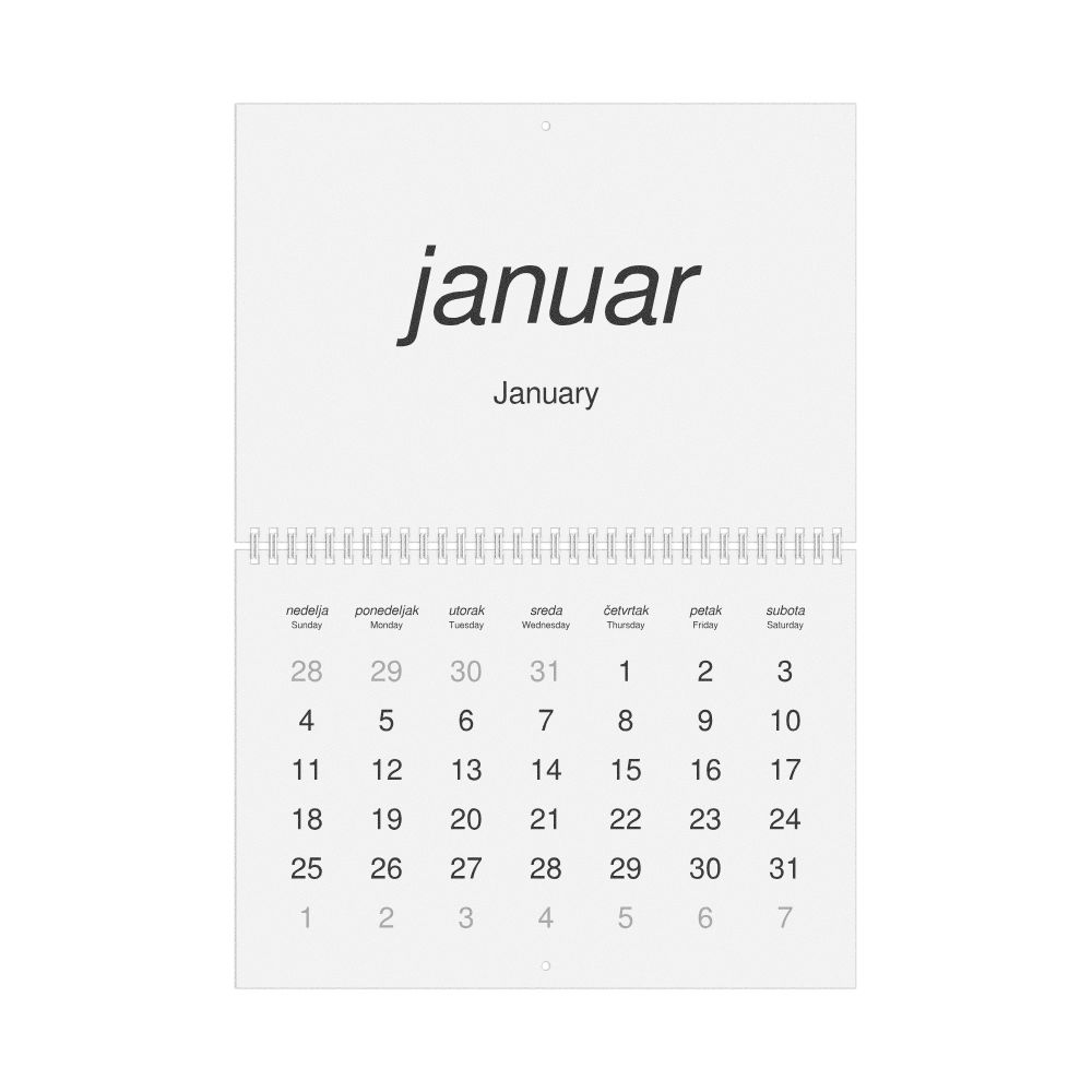 Leskoff 2026 Wall Calendar, Serbian (Latin)/English-Labeled, Sunday-Start Layout, Wire-Bound, 11.7 x 8.3 in (29.7 x 21.0 cm), image 1 of 1