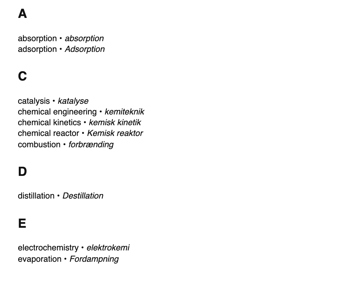 Chemical engineering terms in Danish