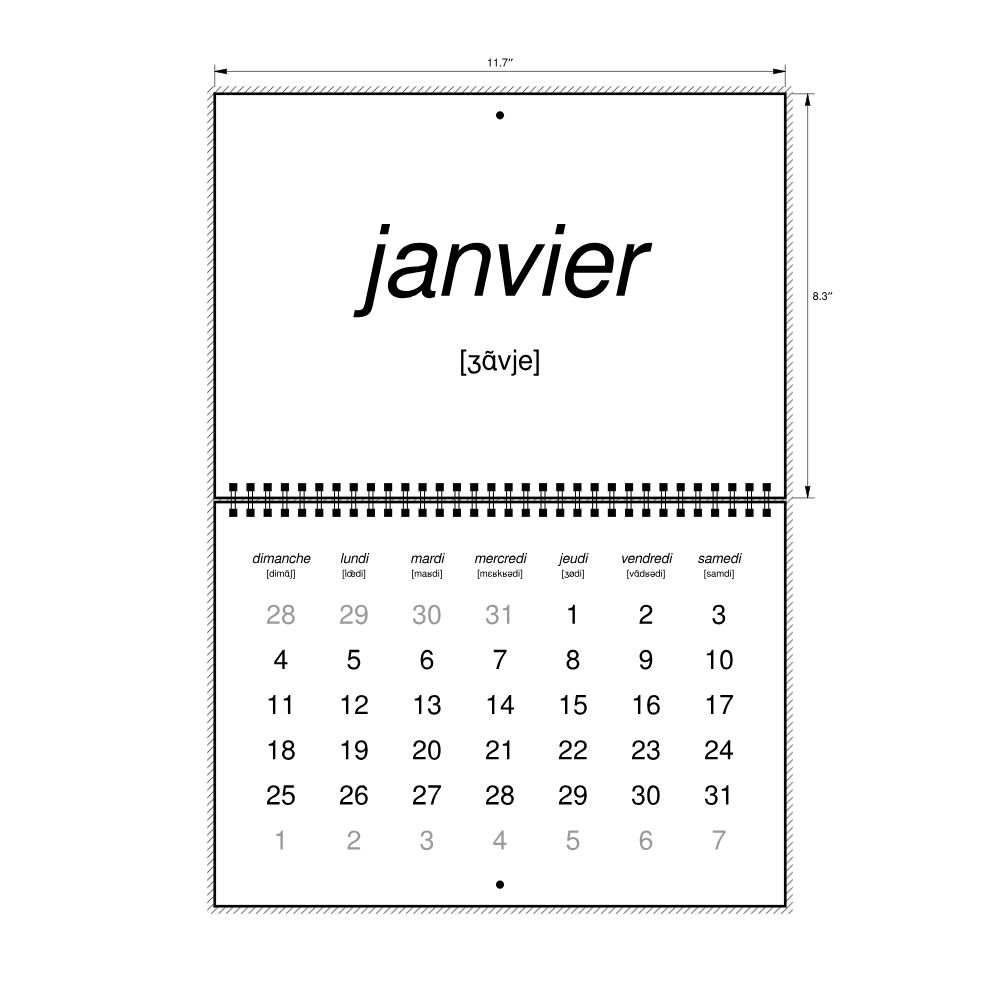Leskoff 2026 Phonetic Wall Calendar, French-Labeled with IPA, Sunday-Start Layout, Wire-Bound, 11.7 x 8.3 in (29.7 x 21.0 cm), image 2 of 2