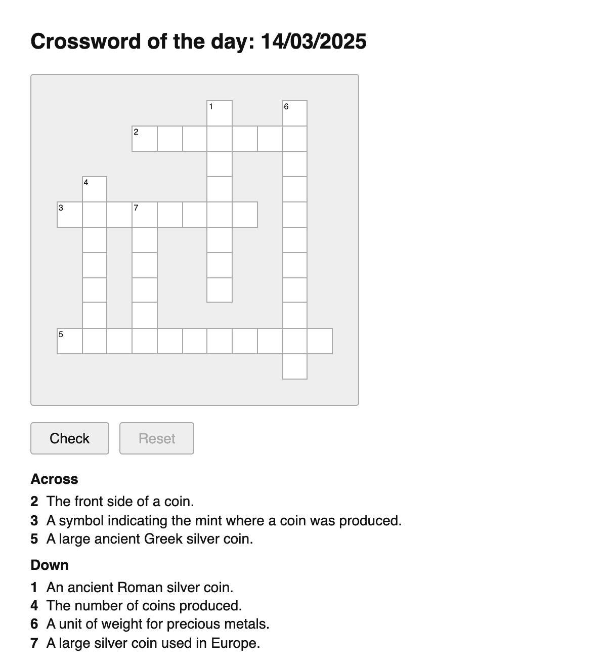 Numismatics Crossword