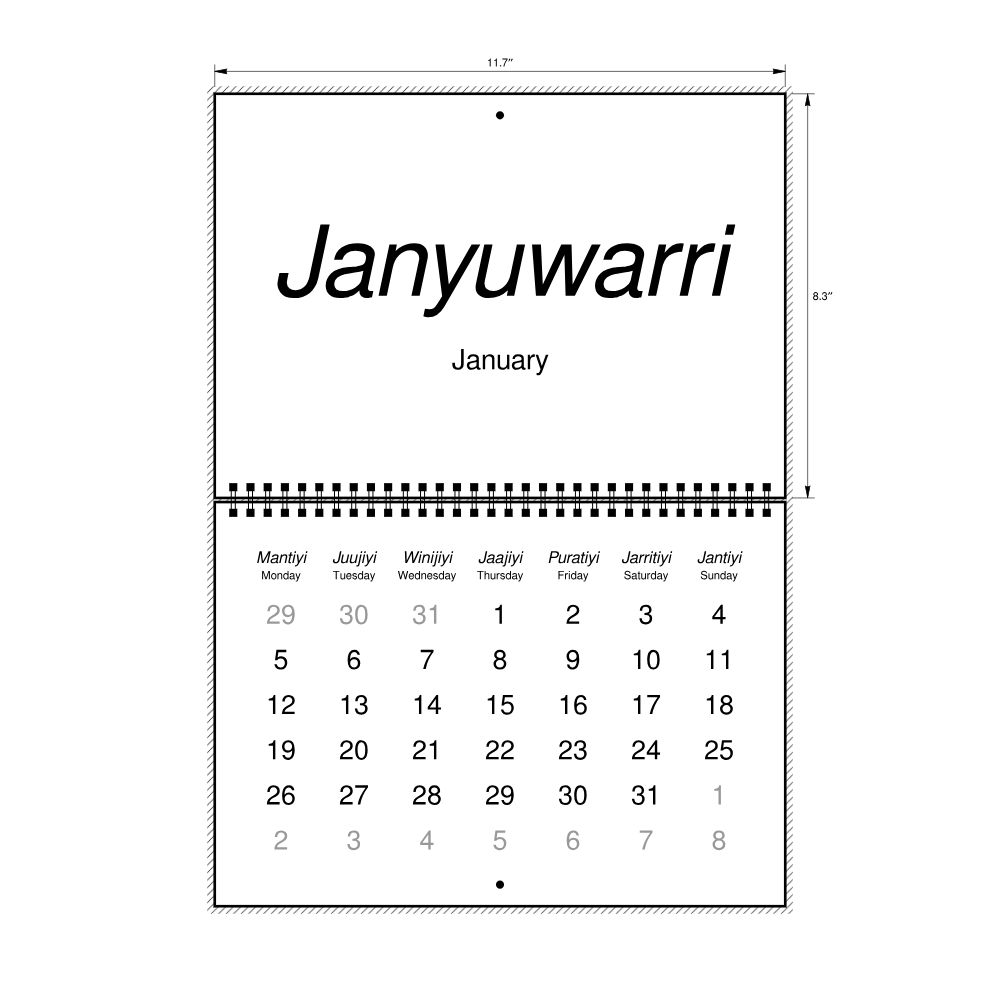 Leskoff 2026 Wall Calendar, Warlpiri/English-Labeled, Monday-Start Layout, Wire-Bound, 11.7 x 8.3 in (29.7 x 21.0 cm), image 2 of 2