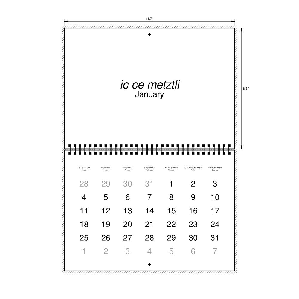 Leskoff 2026 Wall Calendar, Classical Nahuatl/English-Labeled, Sunday-Start Layout, Wire-Bound, 11.7 x 8.3 in (29.7 x 21.0 cm), image 2 of 2