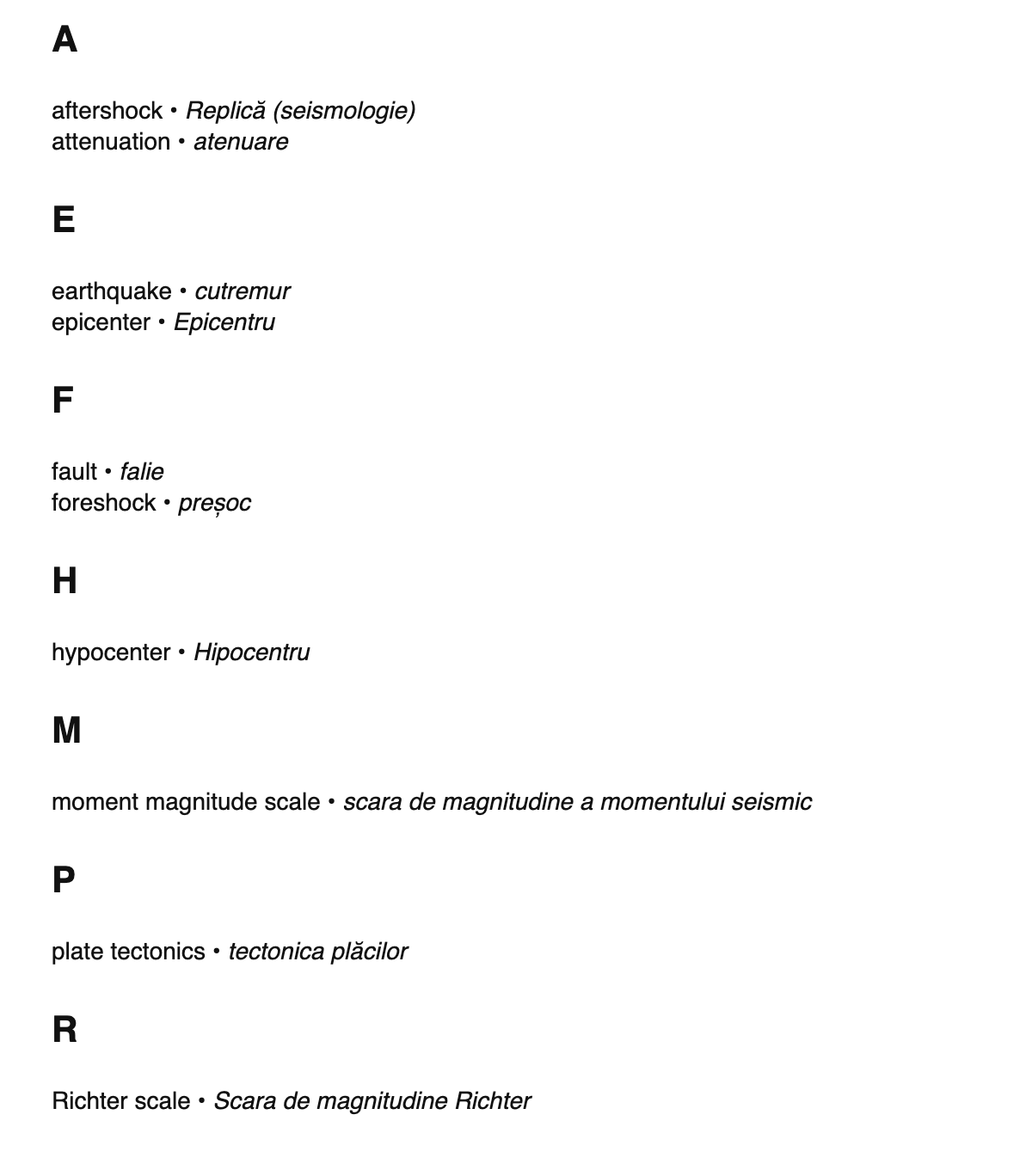 Seismology terms in Romanian