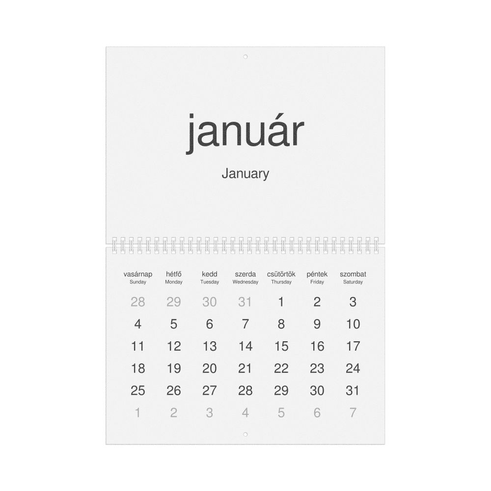 Leskoff 2026 Wall Calendar, Hungarian/English-Labeled, Sunday-Start Layout, Wire-Bound, 11.7 x 8.3 in (29.7 x 21.0 cm), image 1 of 1
