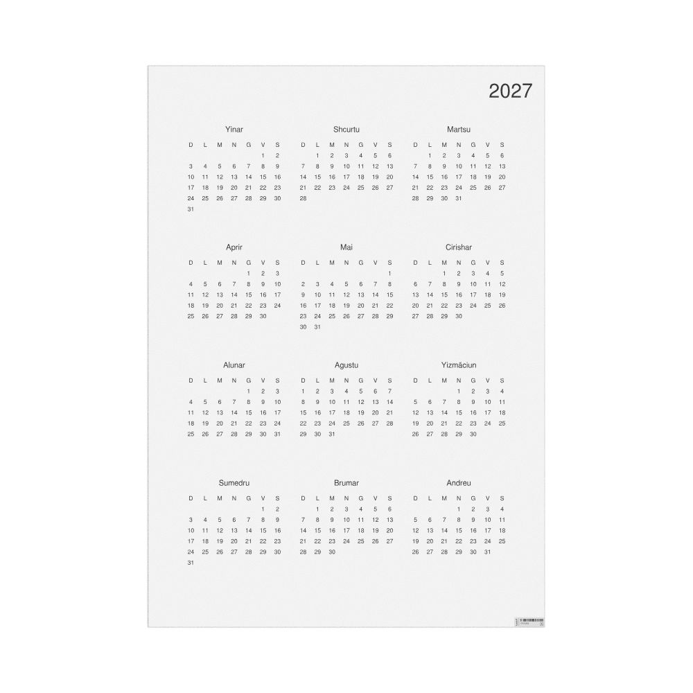 Leskoff 2027 Wall Calendar, Aromanian-Labeled, Sunday-Start Layout, Poster / Wall Print, 23.4 x 33.1 in (59.4 x 84.1 cm), image 1 of 1