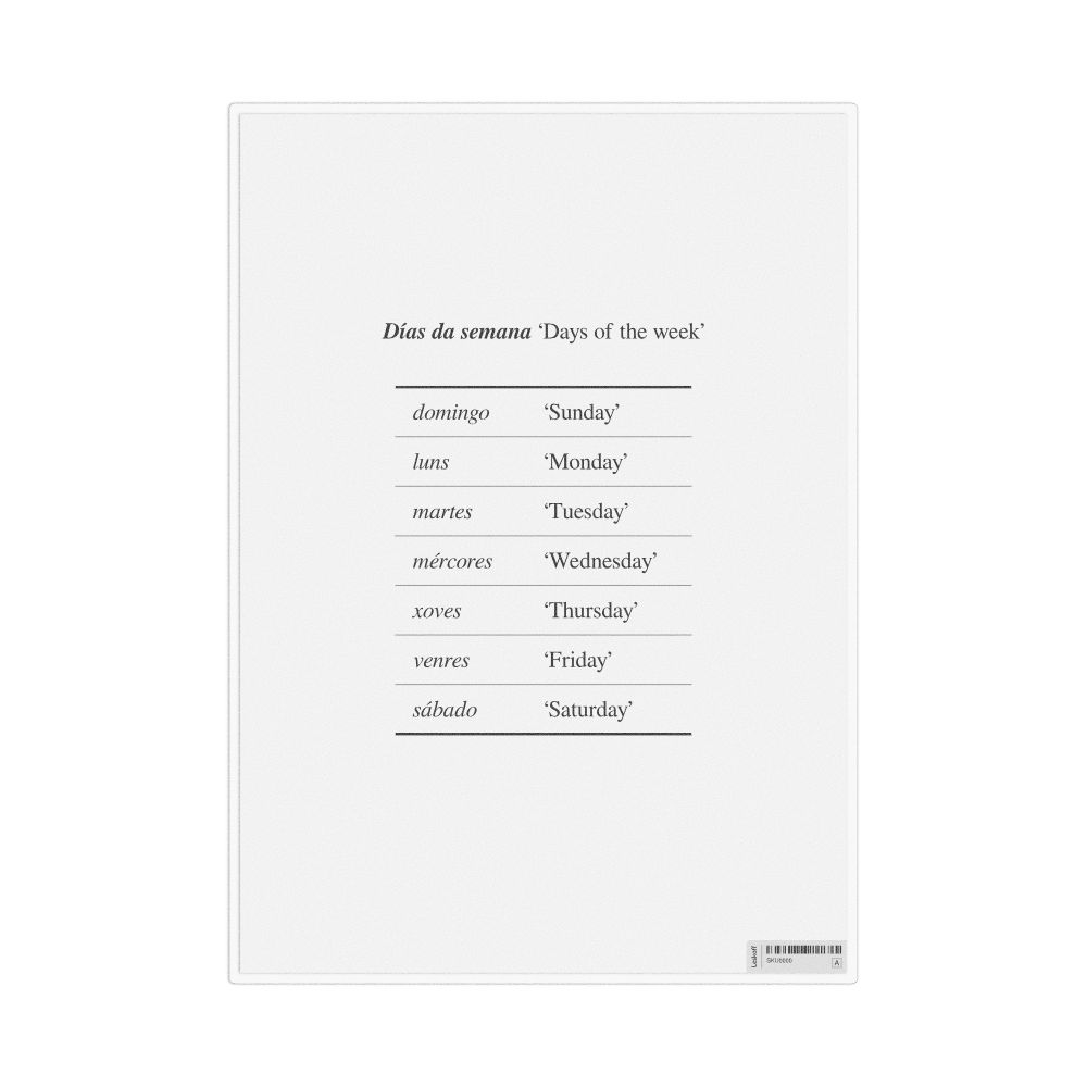 Leskoff Days of the Week in Galician, Desk Chart, 8.3 x 11.7 in (21.0 x 29.7 cm), image 1 of 1