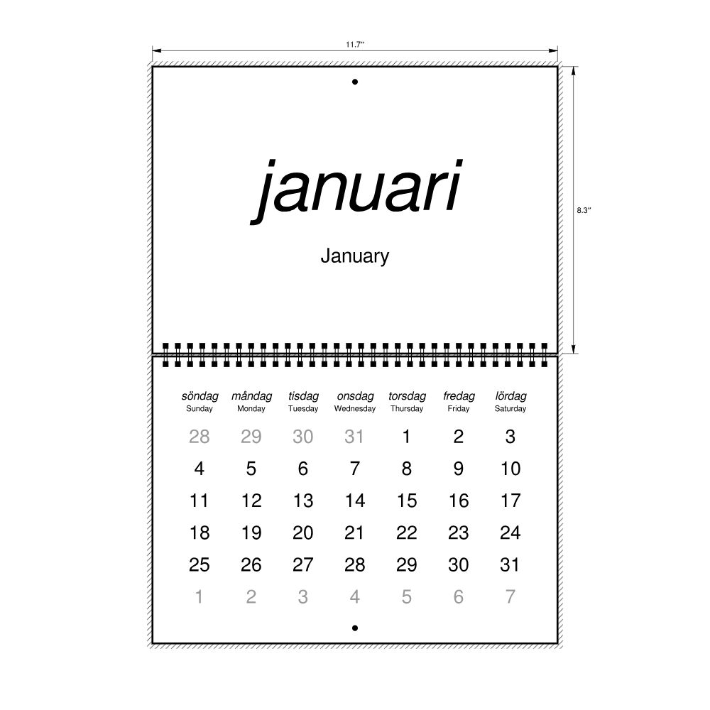 Leskoff 2026 Wall Calendar, Swedish/English-Labeled, Sunday-Start Layout, Wire-Bound, 11.7 x 8.3 in (29.7 x 21.0 cm), image 2 of 2