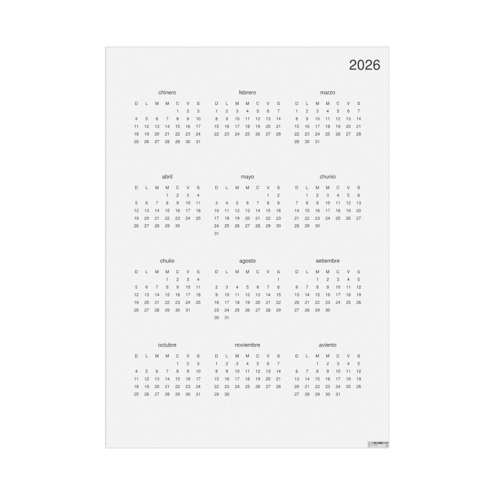 Leskoff 2026 Wall Calendar, Aragonese-Labeled, Sunday-Start Layout, Poster / Wall Print, 23.4 x 33.1 in (59.4 x 84.1 cm), image 1 of 1