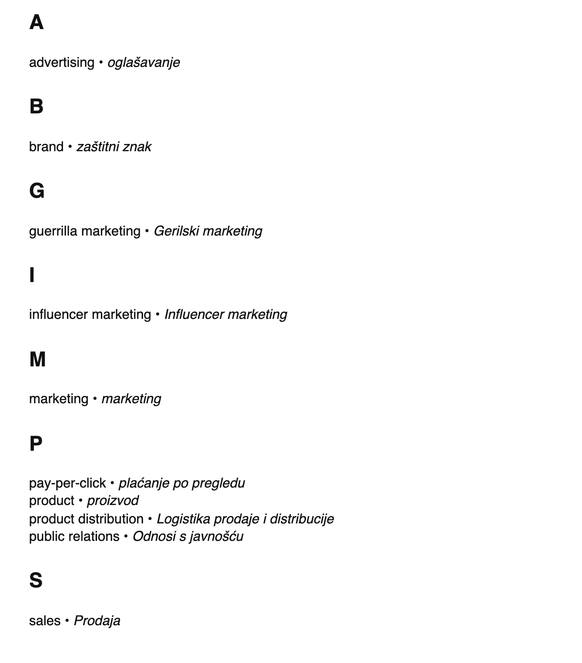 Marketing terms in Croatian