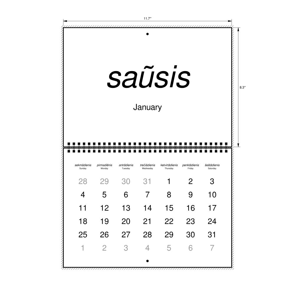 Leskoff 2026 Wall Calendar, Lithuanian (accented)/English-Labeled, Sunday-Start Layout, Wire-Bound, 11.7 x 8.3 in (29.7 x 21.0 cm), image 2 of 2