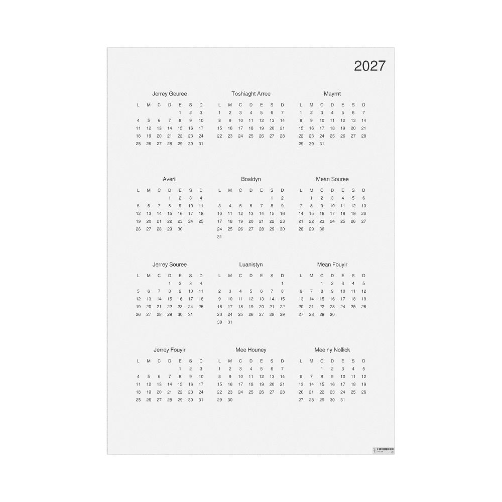 Leskoff 2027 Wall Calendar, Manx-Labeled, Monday-Start Layout, Poster / Wall Print, 23.4 x 33.1 in (59.4 x 84.1 cm), image 1 of 1