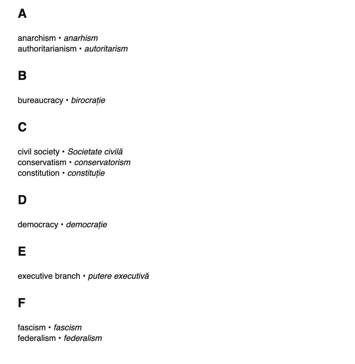 Political science terms in Romanian
