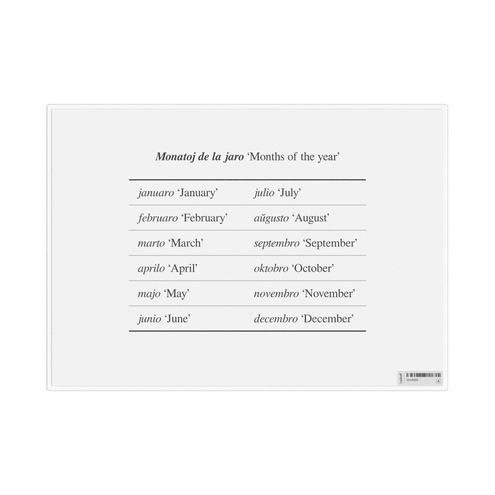 Leskoff Months of the Year in Esperanto, Desk Chart, 11.7 x 8.3 in (29.7 x 21.0 cm), image 1 of 1