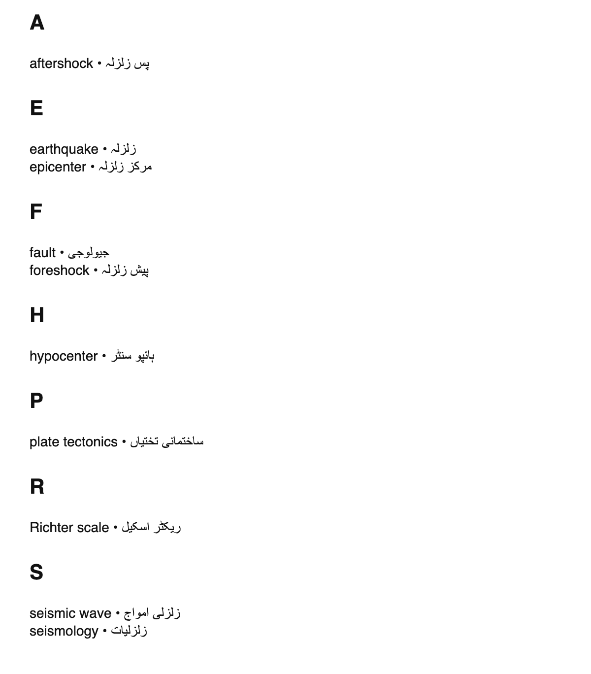 Seismology terms in Urdu