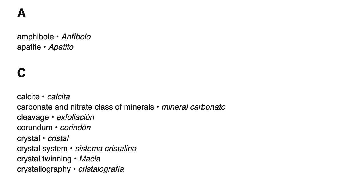 Mineralogy terms in Galician