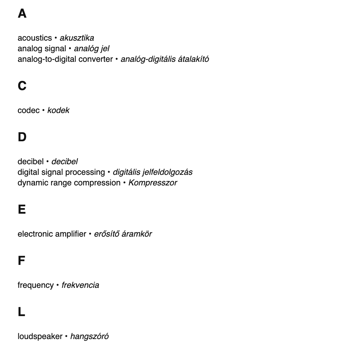 Audio engineering terms in Hungarian