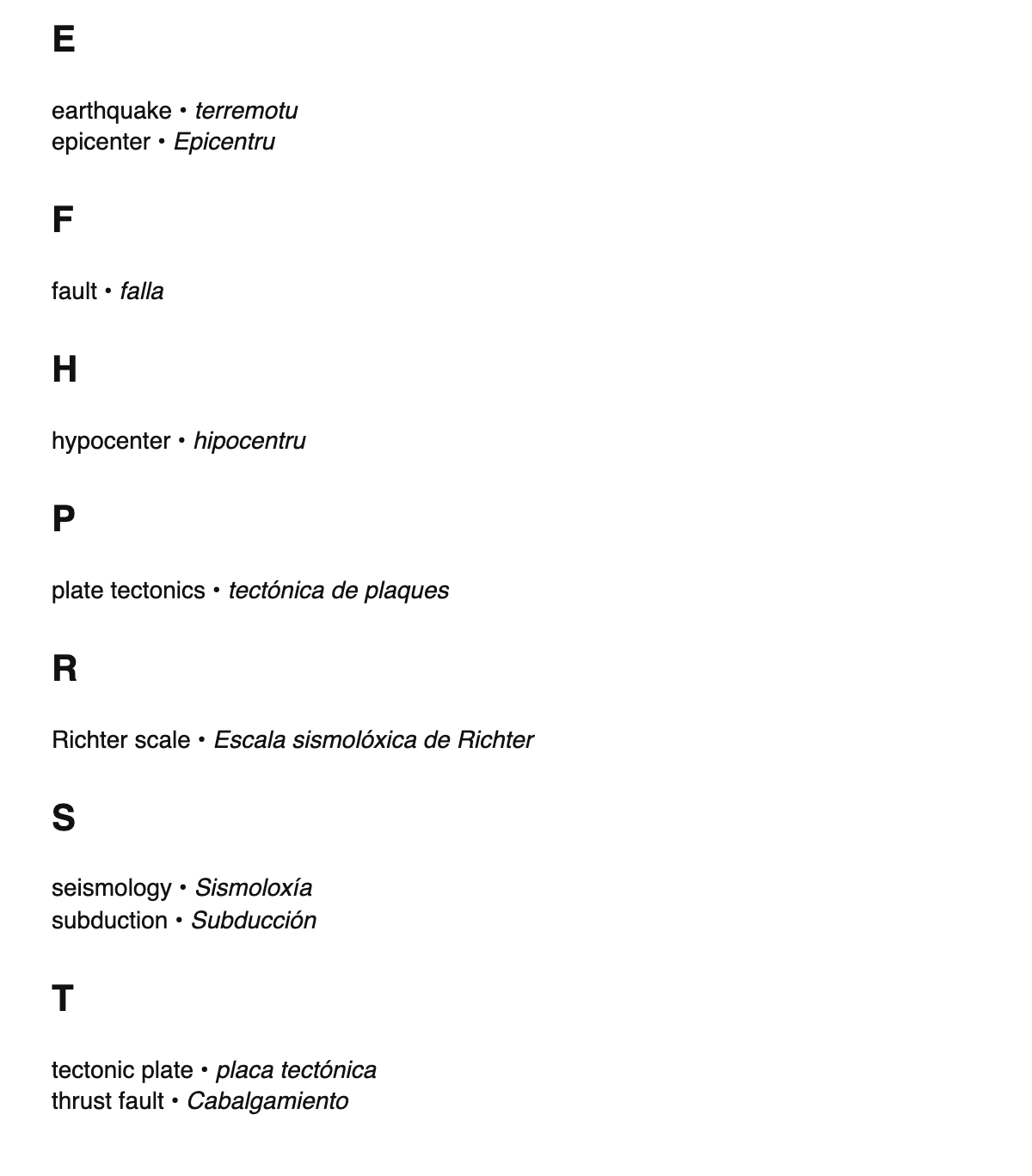 Seismology terms in Asturian