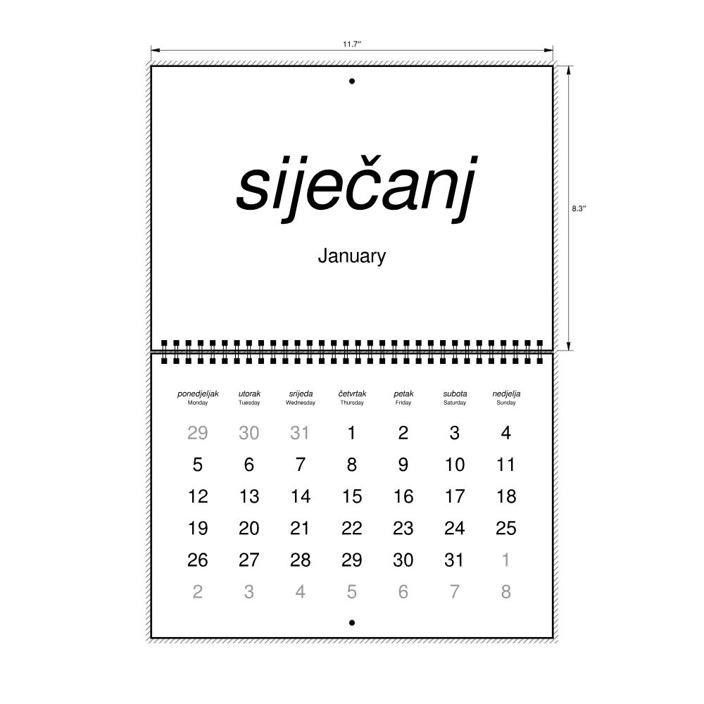 Leskoff 2026 Wall Calendar, Croatian/English-Labeled, Monday-Start Layout, Wire-Bound, 11.7 x 8.3 in (29.7 x 21.0 cm), image 2 of 2