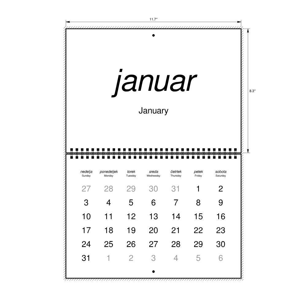 Leskoff 2027 Wall Calendar, Slovene/English-Labeled, Sunday-Start Layout, Wire-Bound, 11.7 x 8.3 in (29.7 x 21.0 cm), image 2 of 2