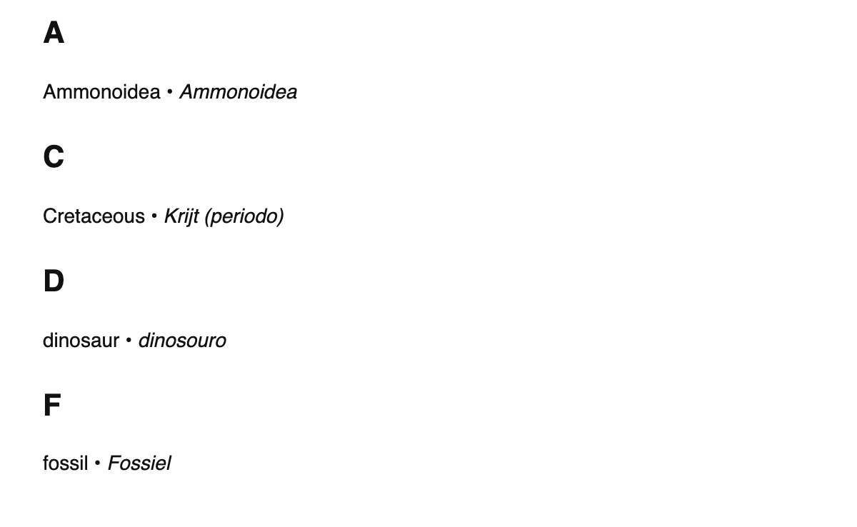Paleontology terms in Papiamento