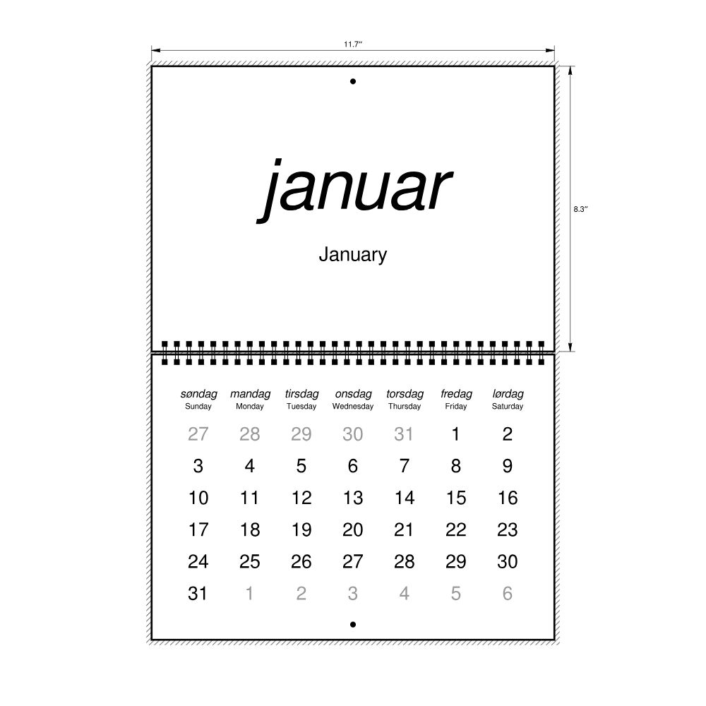 Leskoff 2027 Wall Calendar, Norwegian/English-Labeled, Sunday-Start Layout, Wire-Bound, 11.7 x 8.3 in (29.7 x 21.0 cm), image 2 of 2