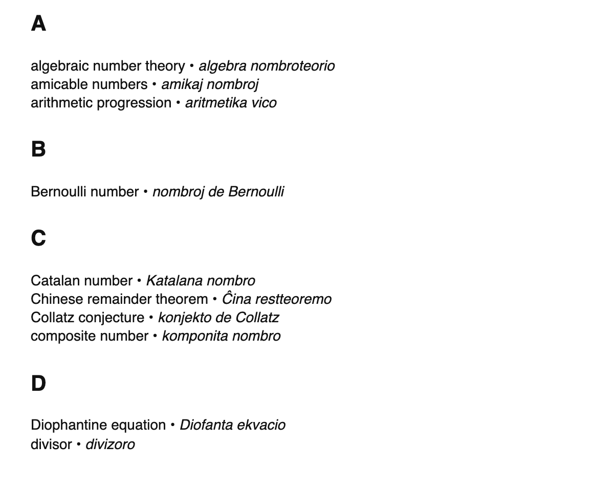 Number theory terms in Esperanto