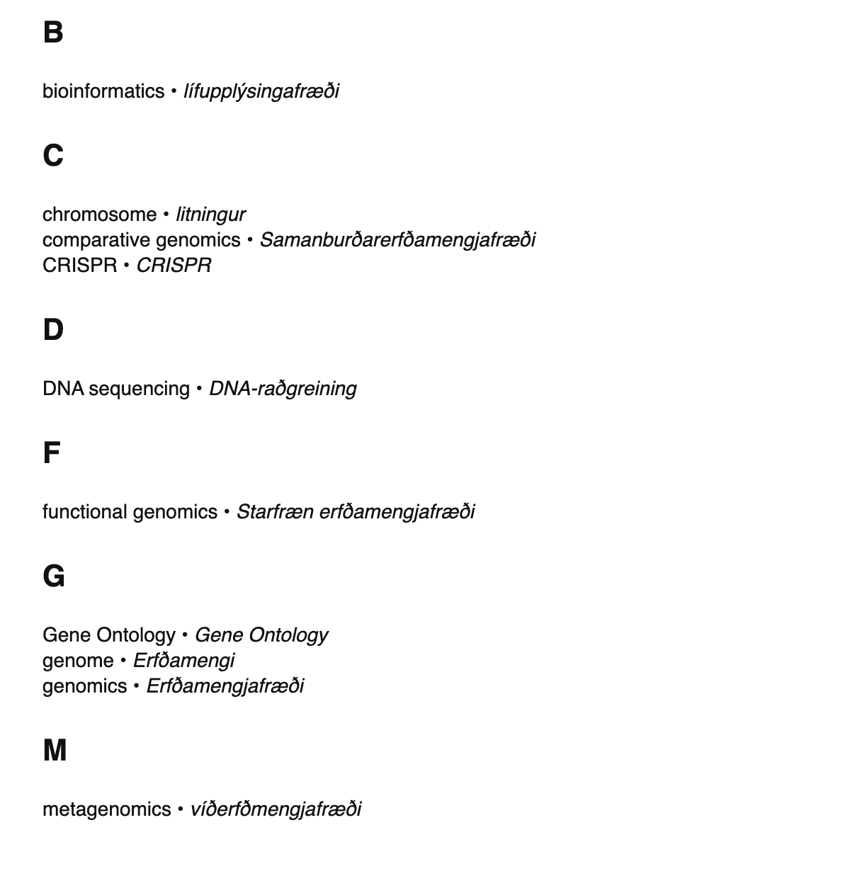 Genomics terms in Icelandic