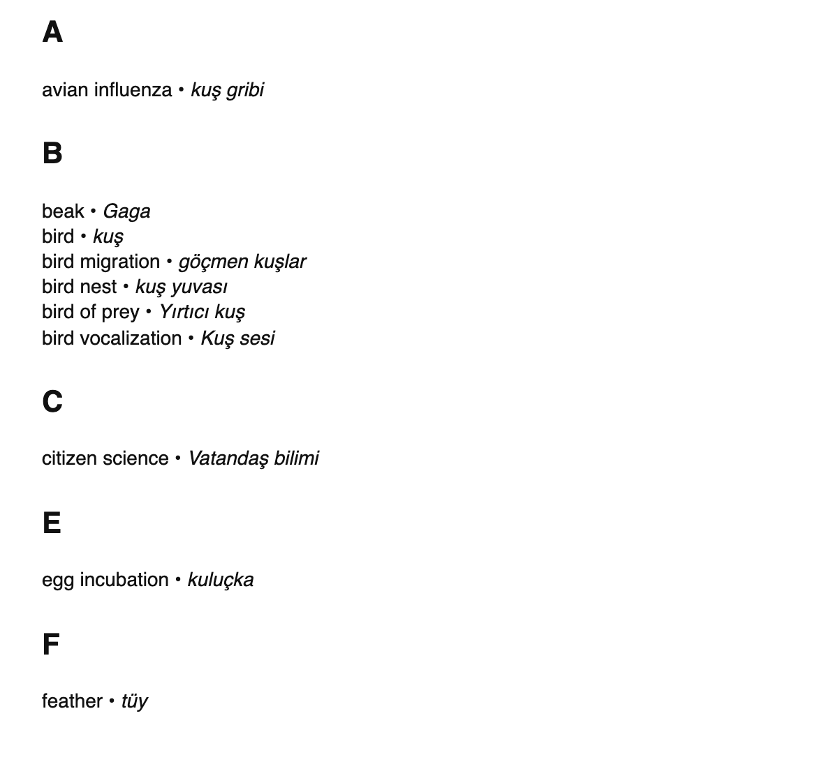 Ornithology terms in Turkish