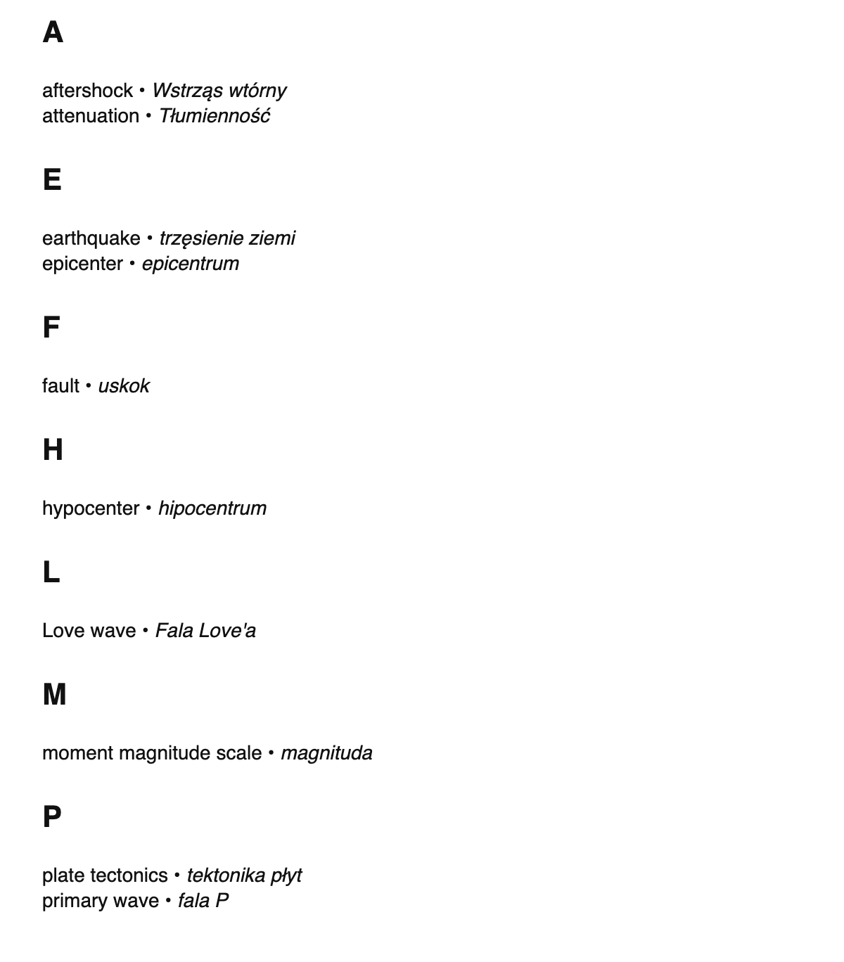 Seismology terms in Polish