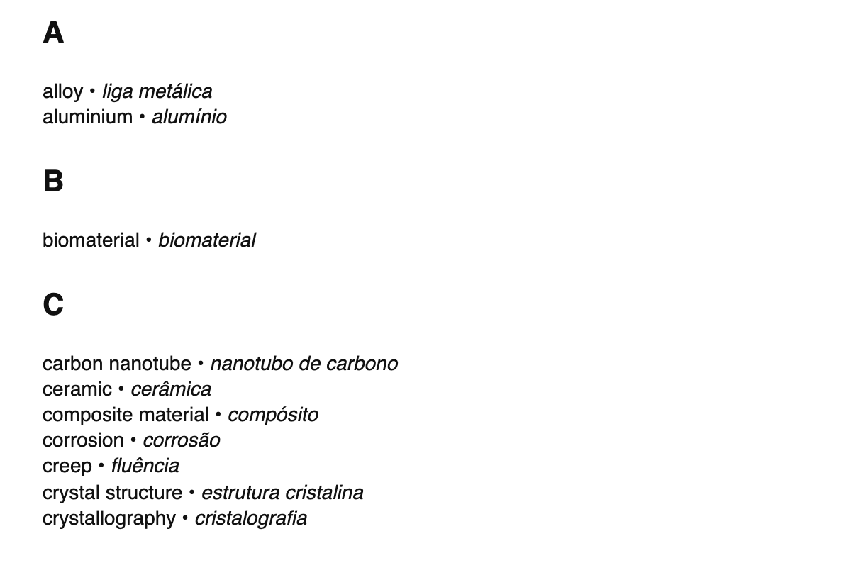 Materials science terms in Portuguese