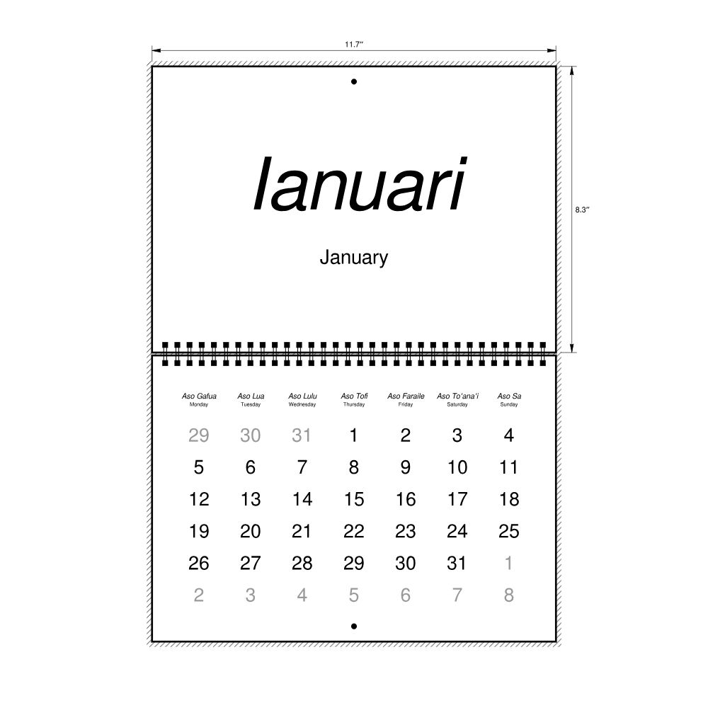 Leskoff 2026 Wall Calendar, Samoan/English-Labeled, Monday-Start Layout, Wire-Bound, 11.7 x 8.3 in (29.7 x 21.0 cm), image 2 of 2
