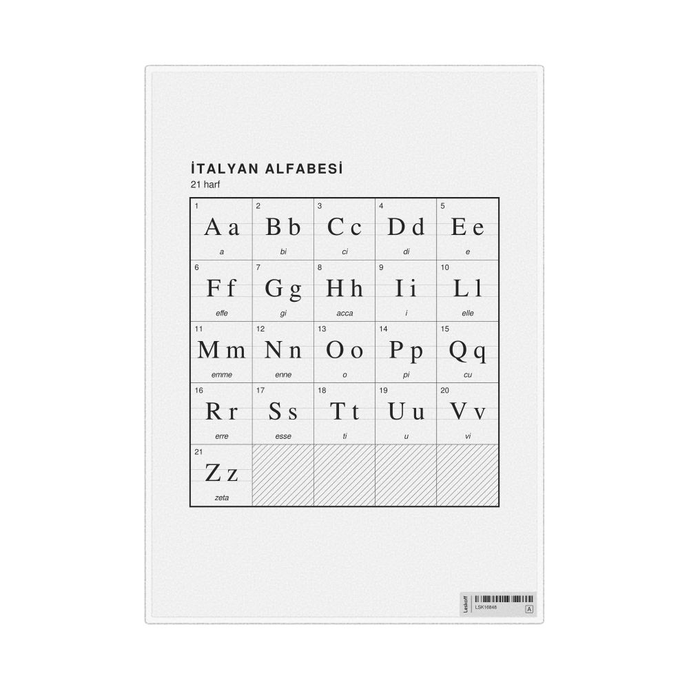 Leskoff Italian Alphabet Chart, 8.3 x 11.7 in (21.0 x 29.7 cm, Desk Chart, Laminated), Turkish-Labeled, image 1 of 2