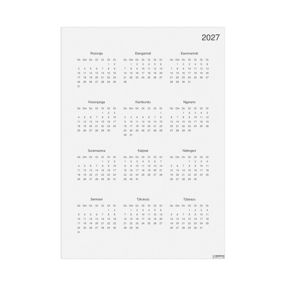 Leskoff 2027 Wall Calendar, Herero-Labeled, Sunday-Start Layout, Poster / Wall Print, 23.4 x 33.1 in (59.4 x 84.1 cm), image 1 of 1
