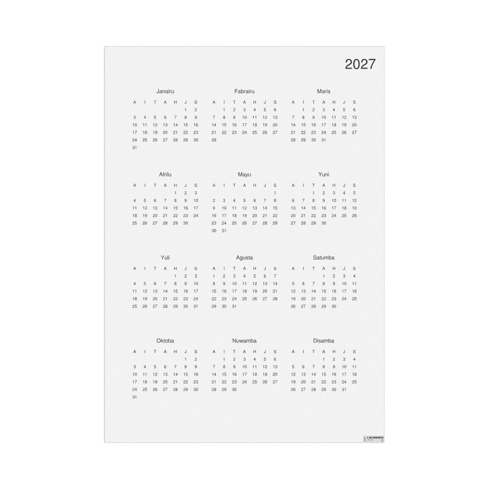 Leskoff 2027 Wall Calendar, Hausa-Labeled, Sunday-Start Layout, Poster / Wall Print, 23.4 x 33.1 in (59.4 x 84.1 cm), image 1 of 1