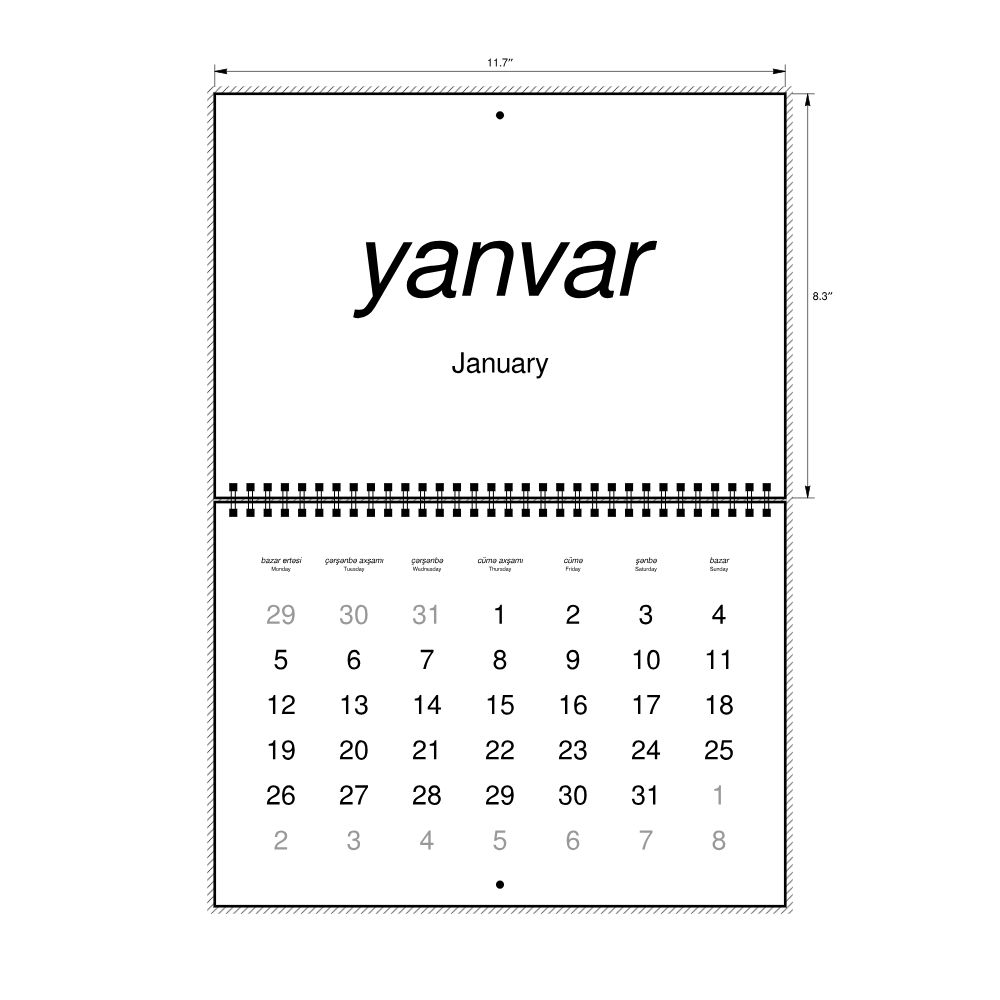 Leskoff 2026 Wall Calendar, Azerbaijani/English-Labeled, Monday-Start Layout, Wire-Bound, 11.7 x 8.3 in (29.7 x 21.0 cm), image 2 of 2