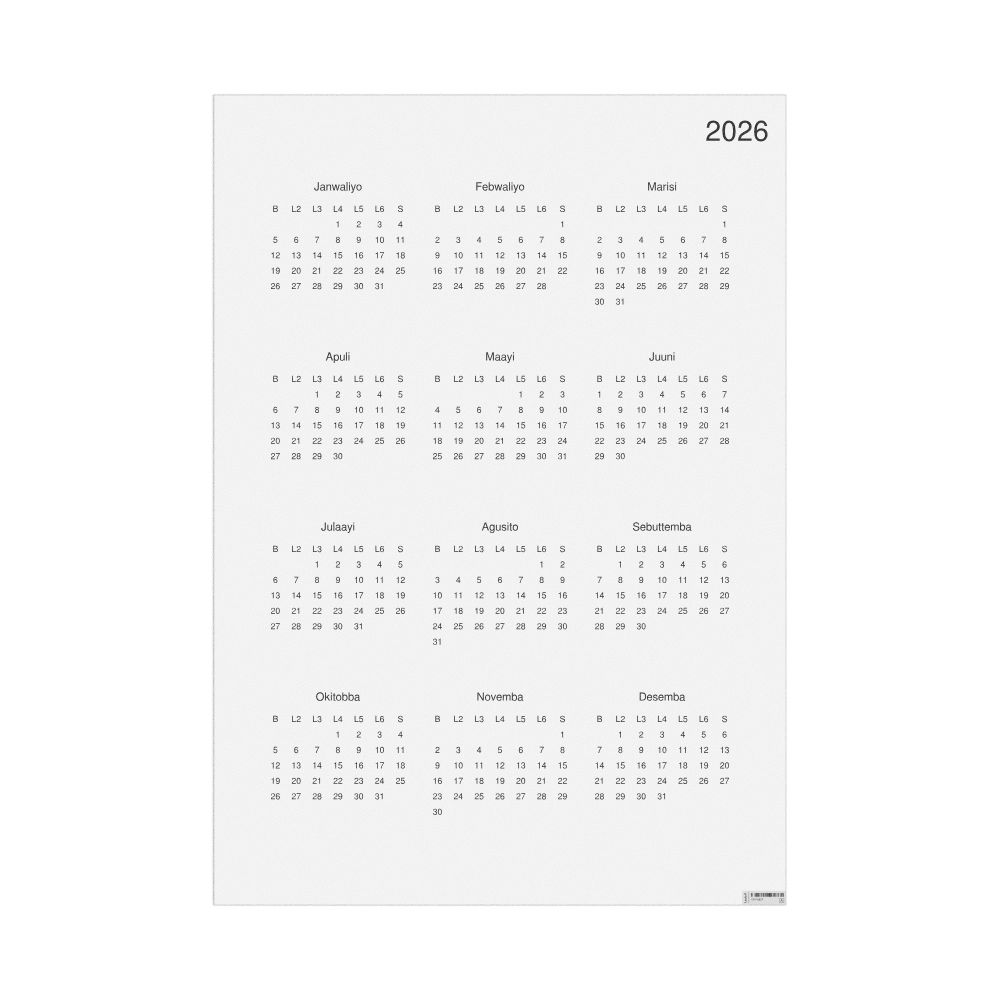 Leskoff 2026 Wall Calendar, Luganda-Labeled, Monday-Start Layout, Poster / Wall Print, 23.4 x 33.1 in (59.4 x 84.1 cm), image 1 of 1