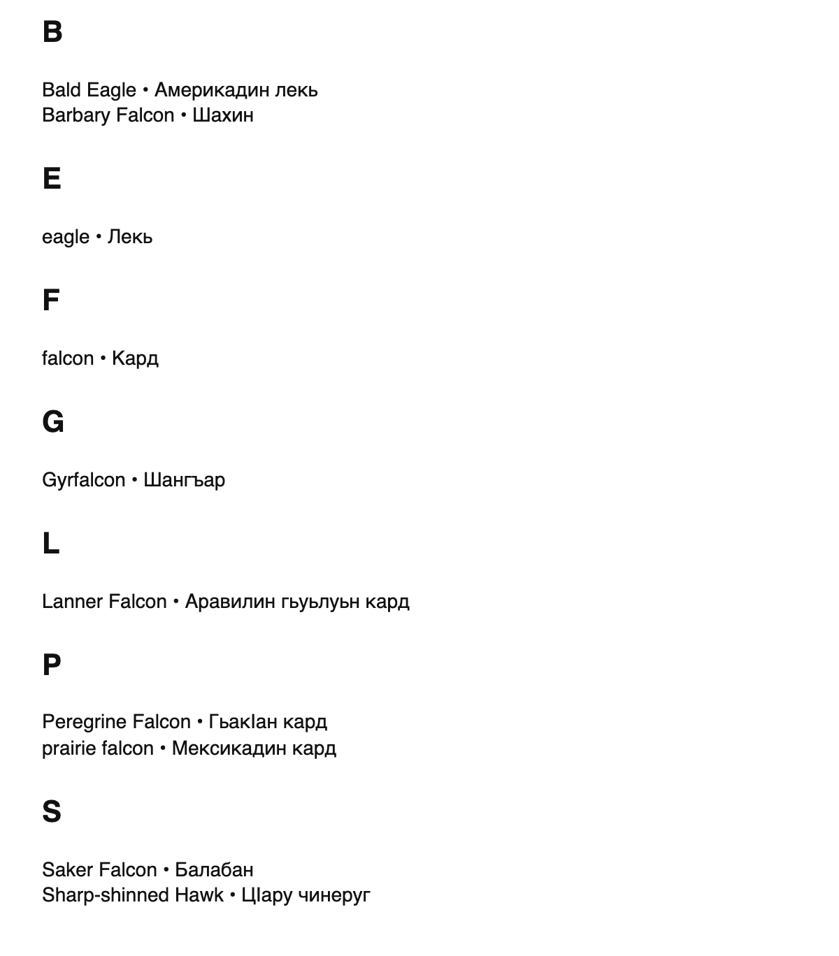Falconry terms in Lezgian