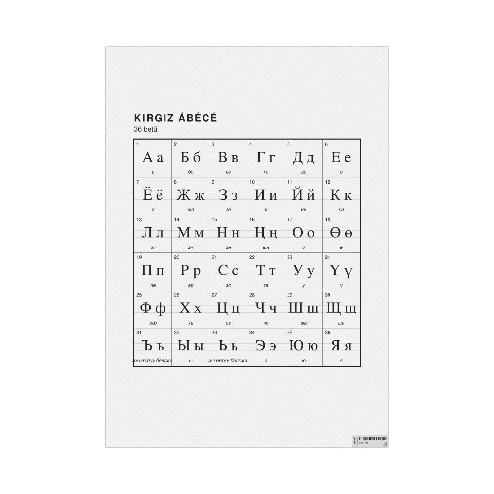 Leskoff Kyrgyz Alphabet Chart, 23.4 x 33.1 in (59.4 x 84.1 cm, Poster / Wall Chart), Hungarian-Labeled, image 1 of 2