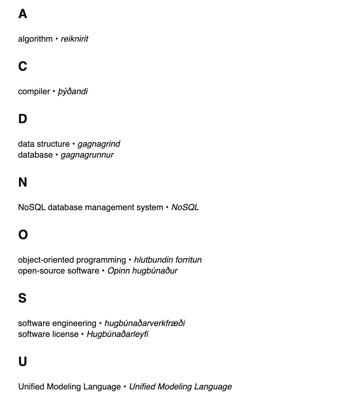Software engineering terms in Icelandic